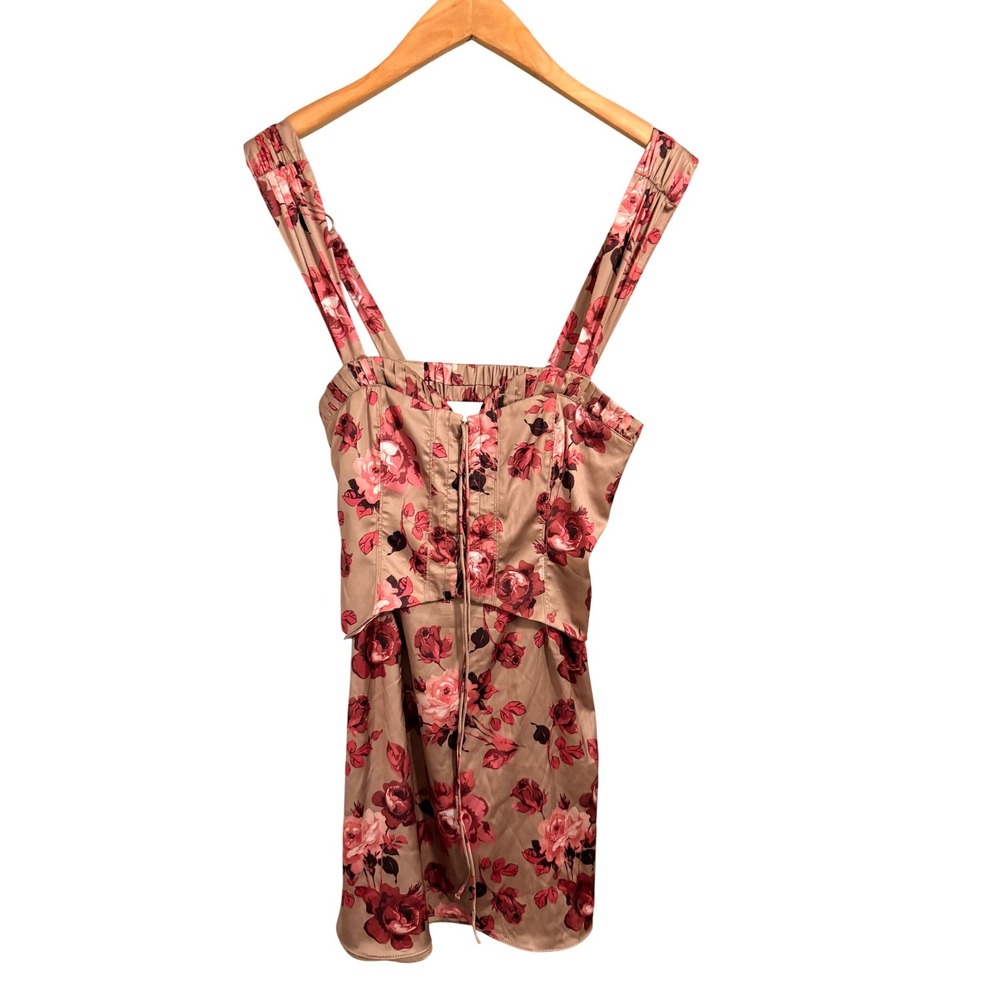 Oh Polly Floral Corset Mini Dress Womens Size 6 Champagne Pink Rose Lace Up